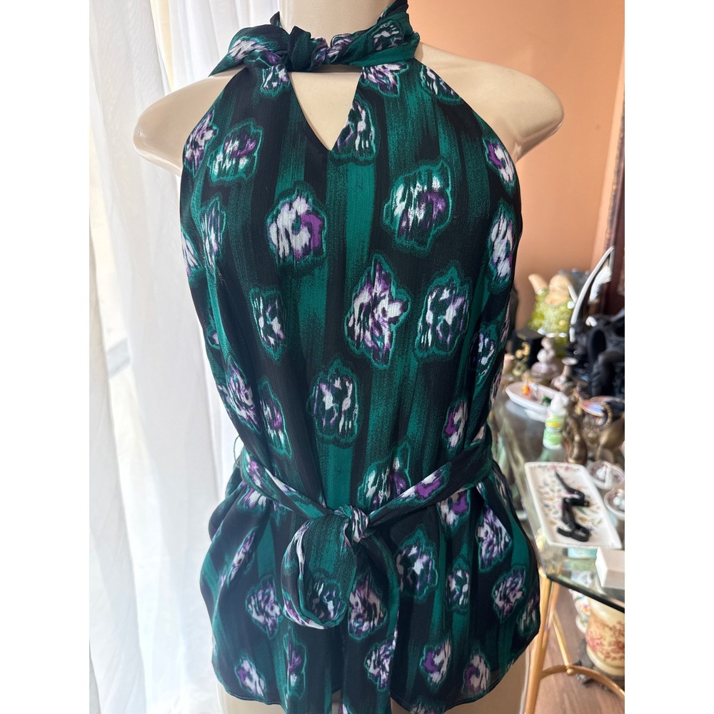 Scoop Green Abstractβ Ikat Halter Neck Sleeveless Blouse Tie Waist Top Small 4-6